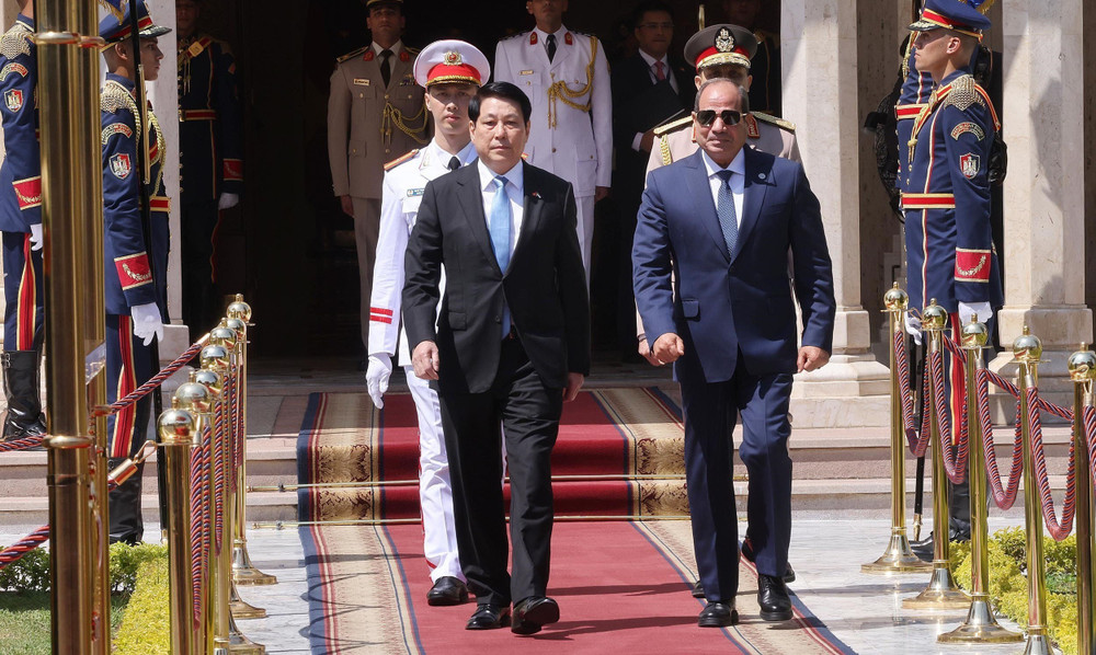 Tổng thống Ai Cập Abdel Fattah El-Sisi đón Chủ tịch nước Lương Cường. (Ảnh: Lâm Khánh/TTXVN)
