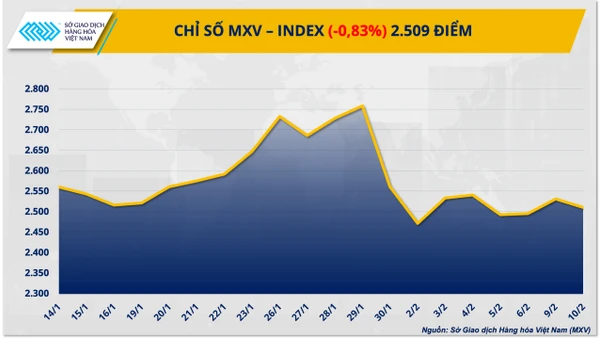 Chỉ số MXV-Index lùi về mốc 2.509 điểm, tương đương giảm 0,8%.