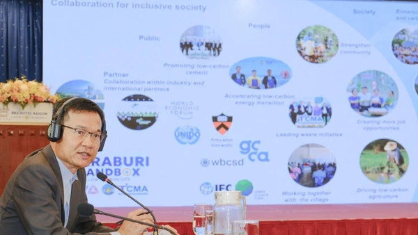 Ông Charoenchai Chaliewkriengkrai, Giám đốc Kinh doanh mảng Kinh tế tuần hoàn sinh học, Ngành Xi măng và Giải pháp Xây dựng Xanh của SCG kiêm Chủ tịch Liên đoàn Công nghiệp tỉnh Saraburi chia sẻ về mô hình Thành phố Carbon thấp Saraburi là sáng kiến tiêu biểu của Thái Lan, đồng thời là minh chứng rõ nét cho việc triển khai ESG 4 Plus của SCG vào thực tiễn.