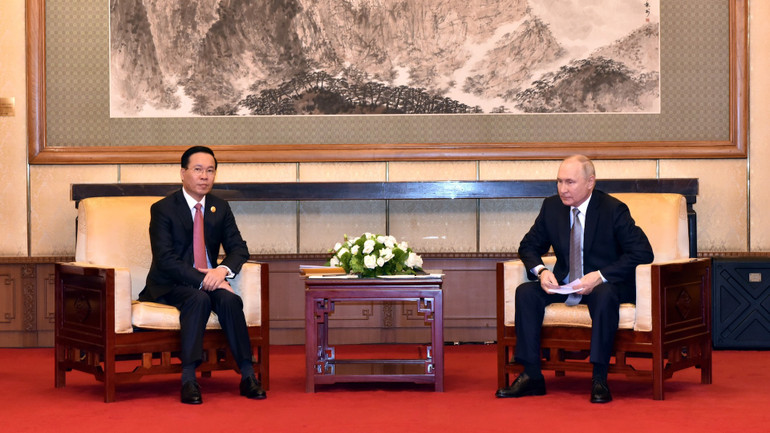 Chủ tịch nước Võ Văn Thưởng gặp Tổng thống Liên bang Nga Vladimir Putin, ngày 17/10/2023. (Ảnh: TTXVN)