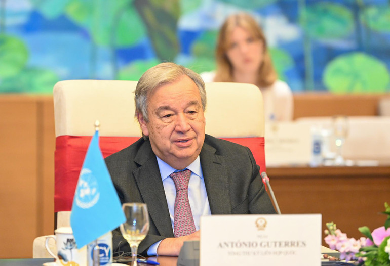 Tổng Thư ký Liên hợp quốc Antonio Guterres phát biểu tại buổi tiếp. (Ảnh: Duy Linh) Tổng Thư ký Liên hợp quốc Antonio Guterres phát biểu tại buổi tiếp. (Ảnh: Duy Linh)