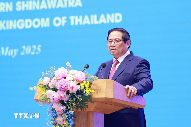 Thủ tướng Phạm Minh Chính công bố Việt Nam và Thái Lan nâng cấp quan hệ lên Đối tác Chiến lược Toàn diện. (Ảnh: Dương Giang/TTXVN) Thủ tướng Phạm Minh Chính công bố Việt Nam và Thái Lan nâng cấp quan hệ lên Đối tác Chiến lược Toàn diện. (Ảnh: Dương Giang/TTXVN)