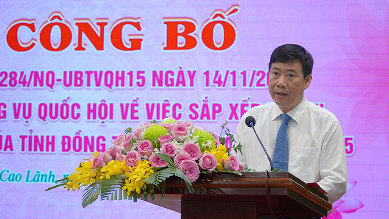 Chủ tịch Ủy ban nhân dân tỉnh Đồng Tháp Phạm Thiện Nghĩa phát biểu tại lễ công bố. (Ảnh: HỮU NGHĨA)