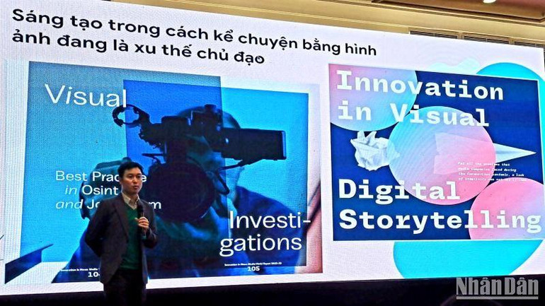 Ông Nguyễn Hoàng Nhật, Phó Tổng Biên tập Báo điện tử VietnamPlus (TTXVN) chia sẻ về chủ đề Kỹ năng ứng dụng công nghệ số vào sản xuất tin, bài trên báo chí.