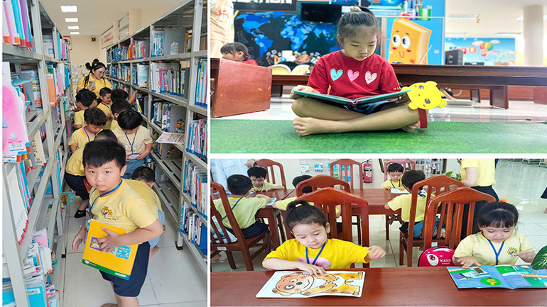 Thiếu nhi mượn sách và cùng đọc sách tại Thư viện tỉnh Đồng Tháp.