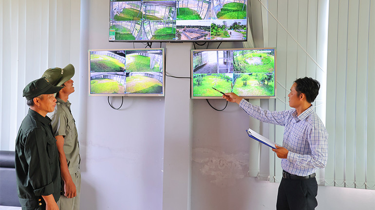 Nhân viên kỹ thuật giám sát khu vực các chuồng nuôi sếu đầu đỏ thông qua hệ thống camera giám sát 24/7. (Ảnh: Ban tổ chức cung cấp)