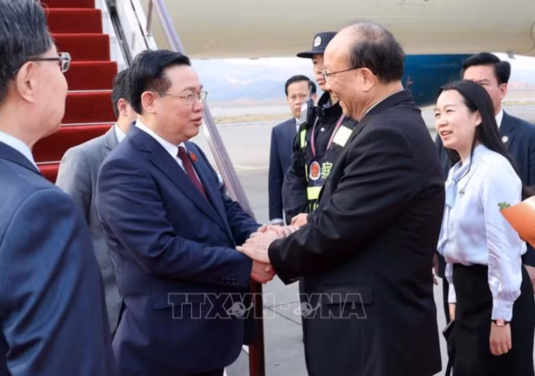 Lãnh đạo tỉnh Vân Nam đón Chủ tịch Quốc hội Vương Đình Huệ tại Sân bay quốc tế Trường Thủy Côn Minh. (Ảnh: TTXVN)