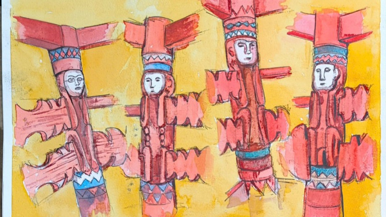 Tác phẩm "Hình tượng các vị Thần - cột gỗ nhà Rông truyền thống của người Tà Ôi, A Lưới" của tác giả Nguyễn Anh Tú.