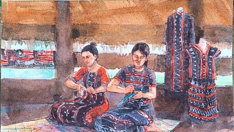 Tác phẩm "Phụ nữ Tà Ôi đan chiếu cói" của tác giả Nguyễn Thu Hằng.