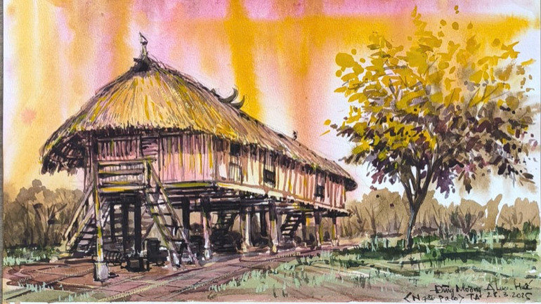 Tác phẩm "Nhà Moong (nhà sàn dài) của người Pa Cô" của tác giả Đinh Thế Anh.