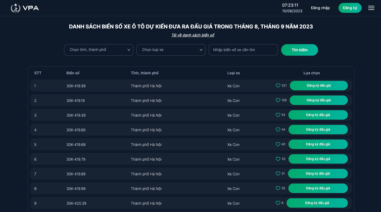 Giao diện trang thông tin đấu giá trực tuyến tại địa chỉ: https://dgbs.vpa.com.vn. (Ảnh chụp màn hình)