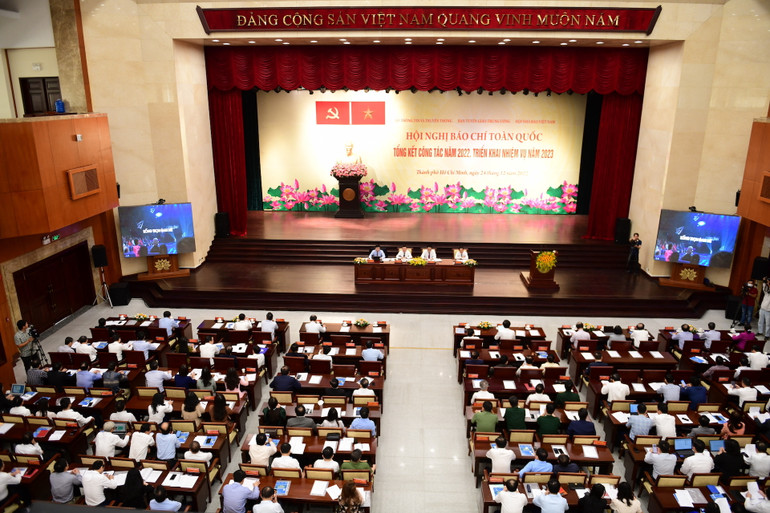 Quang cảnh Hội nghị tổng kết công tác báo chí toàn quốc năm 2022, triển khai nhiệm vụ năm 2023. (Ảnh: THẾ ANH)