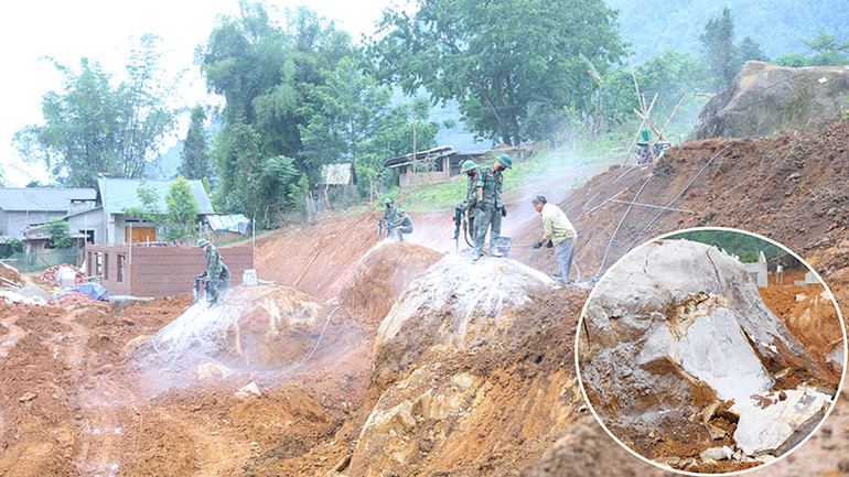 Khó khăn nhất của đơn vị thi công là địa hình có nhiều tảng đá lớn, phải tiến hành khoan phá mất rất nhiều thời gian. Khó khăn nhất của đơn vị thi công là địa hình có nhiều tảng đá lớn, phải tiến hành khoan phá mất rất nhiều thời gian.