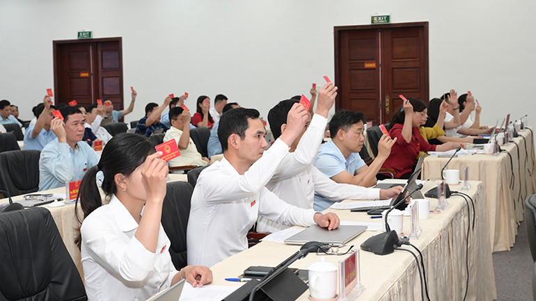 Các đại biểu Hội đồng nhân dân tỉnh Lào Cai biểu quyết.