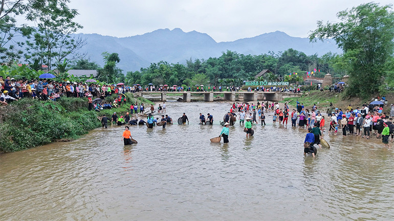 Du khách tham gia trải nghiệm bắt cá tại xã Nghĩa Đô, huyện Bảo Yên.