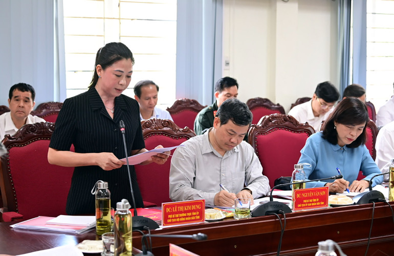 Đồng chí Lê Thị Kim Dung, Phó Bí thư Thường trực Tỉnh ủy, Chủ tịch Hội đồng nhân dân tỉnh Tuyên Quang báo cáo tình hình chỉ đạo thực hiện các biện pháp phòng, chống, khắc phục hậu quả cơn bão số 3 trên địa bàn tỉnh.