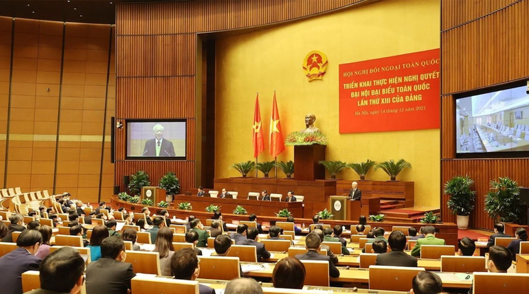 Tổng Bí thư Nguyễn Phú Trọng phát biểu chỉ đạo tại Hội nghị Đối ngoại toàn quốc, ngày 14/12/2021. (Ảnh: TTXVN)