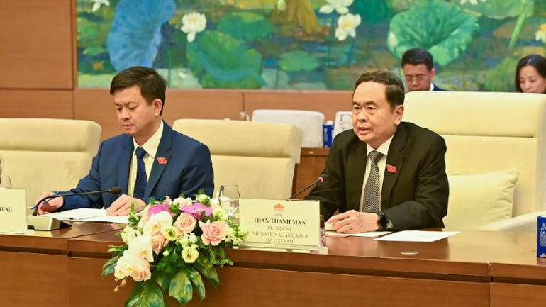 Chủ tịch Quốc hội Trần Thanh Mẫn phát biểu tại buổi tiếp. (Ảnh: DUY LINH)