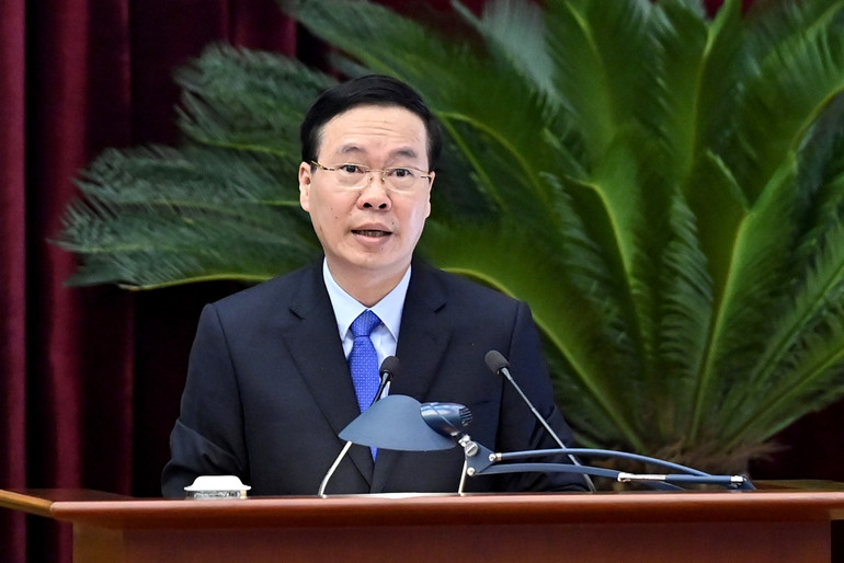 Đồng chí Võ Văn Thưởng, Ủy viên Bộ Chính trị, Thường trực Ban Bí thư phát biểu chỉ đạo hội nghị.