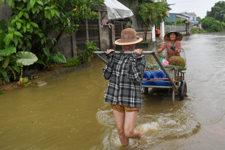 Người dân tại khu vực ngập di chuyển phần lớn bằng thuyền thúng, xe kéo để chở các vật dụng, đồ sinh hoạt vào nhà. Người dân tại khu vực ngập di chuyển phần lớn bằng thuyền thúng, xe kéo để chở các vật dụng, đồ sinh hoạt vào nhà.