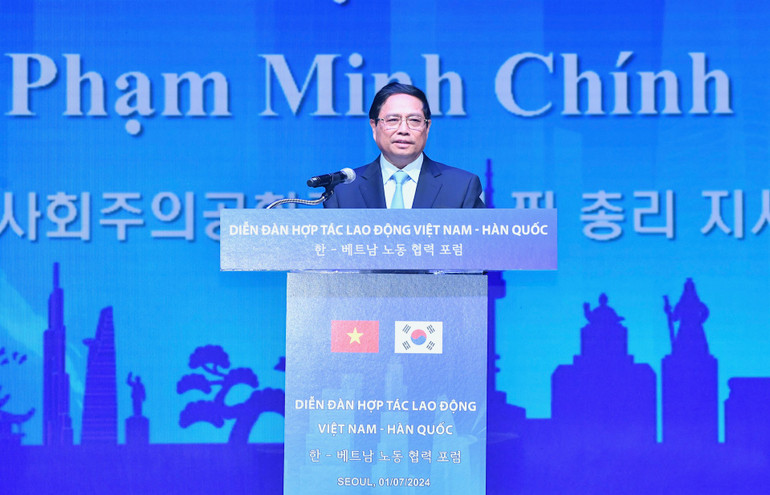 Thủ tướng Phạm Minh Chính phát biểu ý kiến tại Diễn đàn Hợp tác lao động Việt Nam-Hàn Quốc.