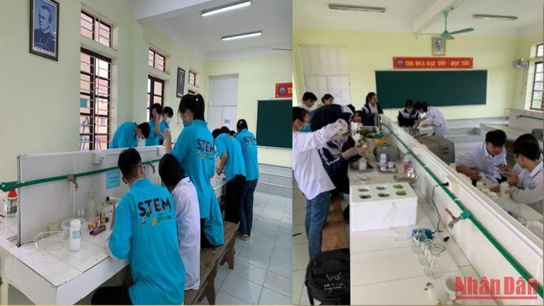 Học sinh tự nghiên cứu khoa học trong các phòng thí nghiệm Sinh- Hóa, dưới sự dìu dắt của cô giáo Vũ Thị Mai.