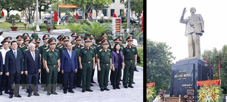 Chủ tịch nước Nguyễn Xuân Phúc cùng lãnh đạo Đảng, Nhà nước, thành phố Hải Phòng, Bộ Tư lệnh Quân khu 3, Bộ Tư lệnh Hải quân dâng hương tưởng nhớ Chủ tịch Hồ Chí Minh tại Bộ Tư lệnh Quân khu 3. (Ảnh: TTXVN)