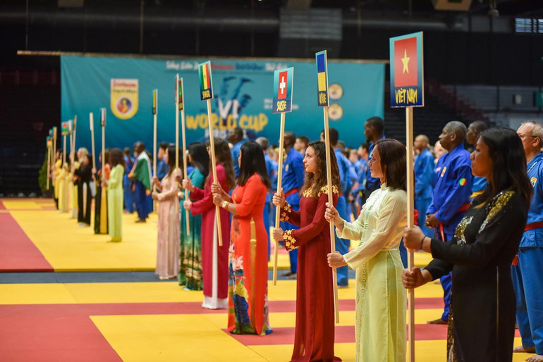 Các đội tuyển Vovinam - Việt Võ Đạo đến từ Việt Nam, Pháp, Đức, Australia, Mali, Senegal, Tây Ban Nha, Hoa Kỳ,... đều ngang tài ngang sức. (Ảnh: MINH DUY)