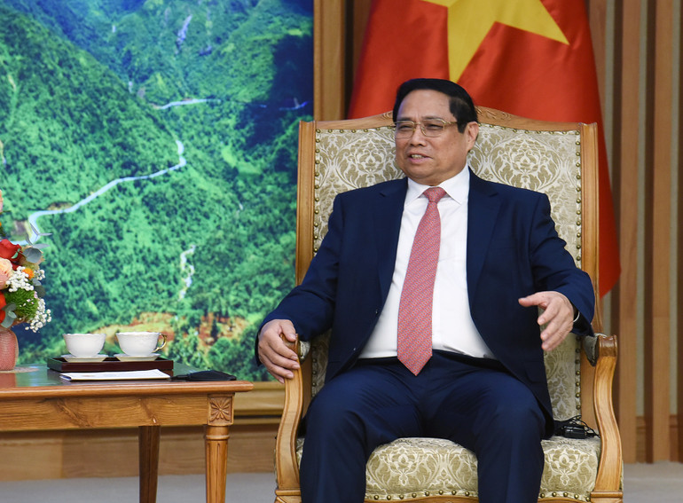 Thủ tướng Phạm Minh Chính phát biểu tại buổi tiếp Phó Thủ tướng Chính phủ Hoàng gia Campuchia Neth Savoeun.