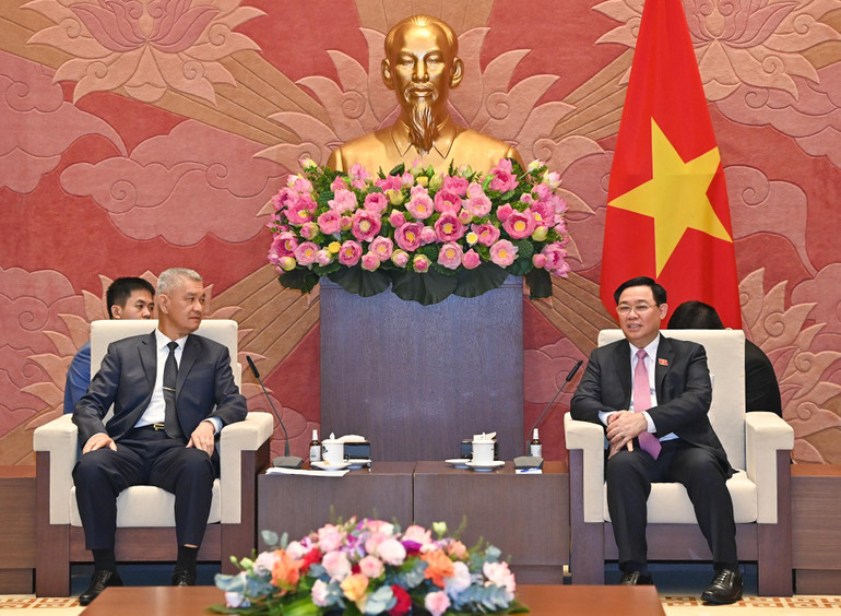 Chủ tịch Quốc hội Vương Đình Huệ và Bí thư Thành ủy, Chủ tịch HĐND Thủ đô Vientiane Anouphap Tounalom tại buổi tiếp.