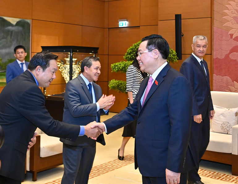 Chủ tịch Quốc hội Vương Đình Huệ với các đại biểu tại buổi tiếp.