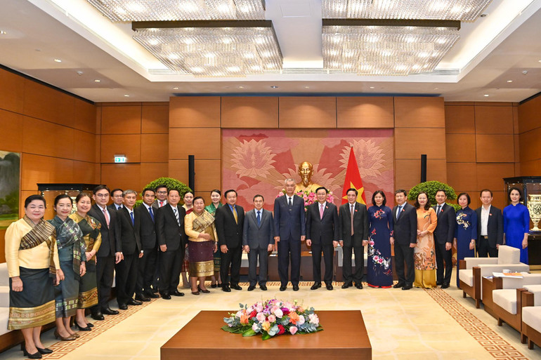 Chủ tịch Quốc hội Vương Đình Huệ và Bí thư Thành ủy, Chủ tịch HĐND Thủ đô Vientiane Anouphap Tounalom cùng các đại biểu tại buổi tiếp.