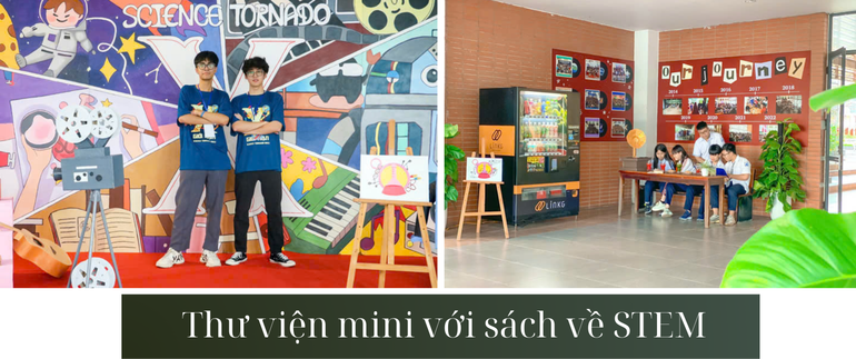 Thư viện mini được thiết kế tại sảnh các tòa nhà tại Trường chuyên Hà Nội-Amsterdam, rất tiện lợi giúp các em học sinh "học mà chơi, chơi mà học".