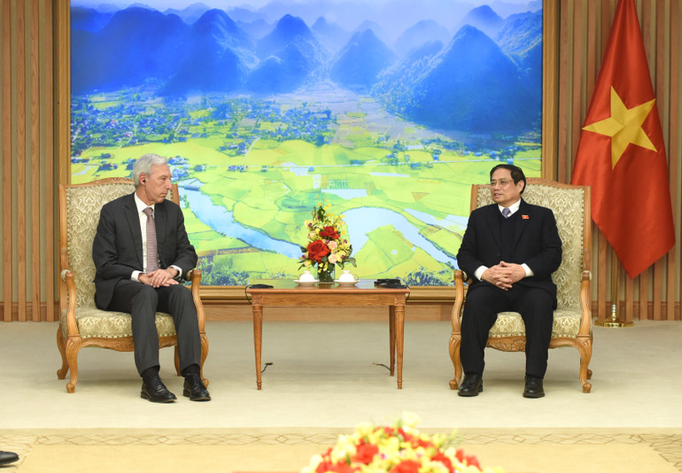 Thủ tướng Phạm Minh Chính tiếp Bộ trưởng Ngoại giao Cộng hòa Bồ Đào Nha Joao Gomes Cravinho. (Ảnh: Trần Hải)