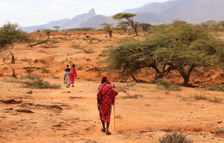 Người dân bộ lạc Samburu đi bộ về nhà sau khi nhận thịt cứu trợ giữa đợt hạn hán kéo dài gần Lengusaka ở Wamba, hạt Samburu, Kenya, ngày 27/7. (Ảnh: REUTERS).