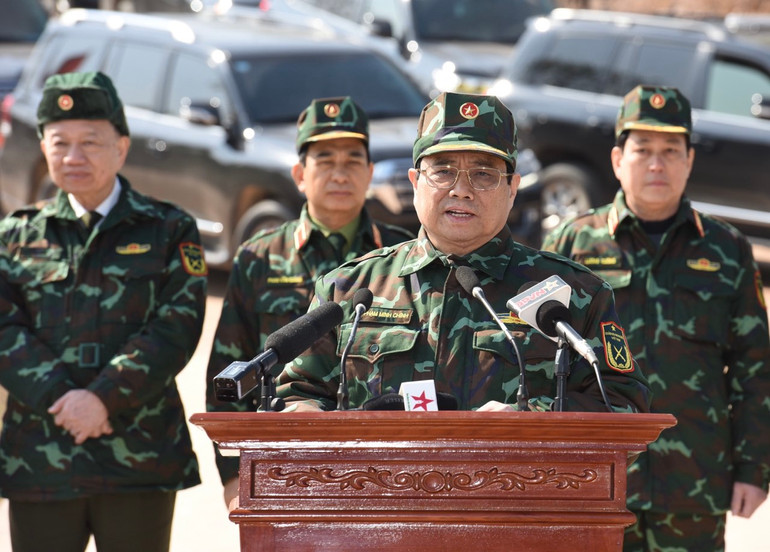 Thủ tướng Phạm Minh Chính phát biểu tại cuộc diễn tập. (Ảnh: TRẦN HẢI)