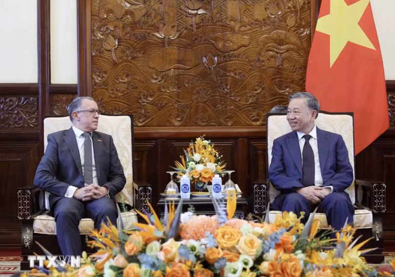 Chủ tịch nước Tô Lâm tiếp Đại sứ Colombia Miguel Angel Rodriguez Melo. Ảnh: Nhan Sáng/TTXVN