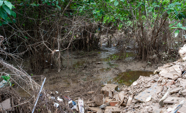 Một đoạn kênh bị bồi lấp nặng nề bởi bùn đất và xà bần.
