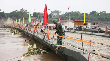 Nước từ thượng nguồn đổ về kéo theo nhiều cây cối khiến cầu phao phải đóng để bảo đảm an toàn.