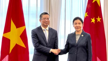Đại sứ Phạm Thanh Bình bắt tay với Bộ trưởng Hạ Vinh.