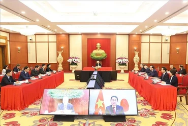 Tổng Bí thư Nguyễn Phú Trọng điện đàm với Chủ tịch Đảng Dân chủ Tự do (LDP), Thủ tướng Nhật Bản Kishida Fumio. Ảnh: TTXVN