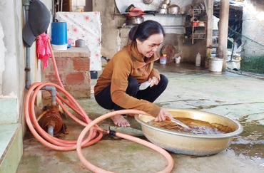 Chị Võ Thị Vĩnh ở xã Ngư Thủy Bắc, huyện Lệ Thủy bơm nước dưới cát lên có màu vàng và mùi hôi phèn nồng nặc.