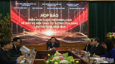 Quang cảnh buổi họp báo phát động Cuộc thi chính luận về bảo vệ nền tảng tư tưởng của Đảng lần thứ năm. (Ảnh: HẢI ĐĂNG)