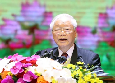 Tổng Bí thư Nguyễn Phú Trọng phát biểu tại lễ kỷ niệm. (Ảnh: VIẾT CHUNG - ĐĂNG ANH)