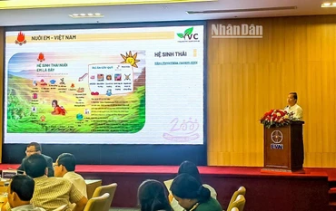 Tác giả Hoàng Hoa Trung chia sẻ về các hoạt động của Hệ sinh thái “Nuôi em”. (Ảnh: TRUNG HƯNG)