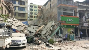Tòa nhà bị phá hủy sau trận động đất tại Mandalay, Myanmar, ngày 28/3/2024. (Ảnh: THX/TTXVN) 