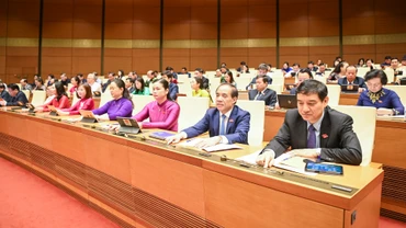 Các đại biểu Quốc hội biểu quyết thông qua Nghị quyết giám sát chuyên đề về việc thực hiện Nghị quyết số 43/2022/QH15 tại phiên họp sáng 29/6. (Ảnh: DUY LINH)