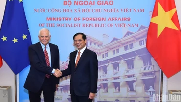Bộ trưởng Ngoại giao Bùi Thanh Sơn và Phó Chủ tịch EC, Đại diện cấp cao EU về chính sách đối ngoại và an ninh Josep Borrell Fontelles. (Ảnh: THỦY NGUYÊN)