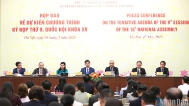 Quang cảnh họp báo về dự kiến chương trình Kỳ họp thứ 9, Quốc hội khóa XV, tổ chức chiều 4/5 tại Nhà Quốc hội. (Ảnh: DUY LINH)