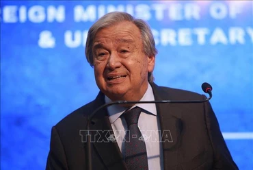 Tổng Thư ký Liên hợp quốc Antonio Guterres phát biểu trong cuộc họp báo ở Islamabad, Pakistan, ngày 9/9/2022. Ảnh: AFP/TTXVN